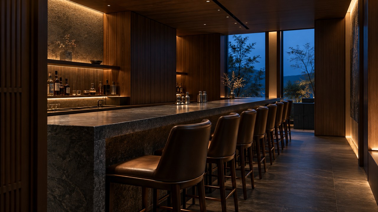 木と石のしつらえが落ち着いたBARの空間