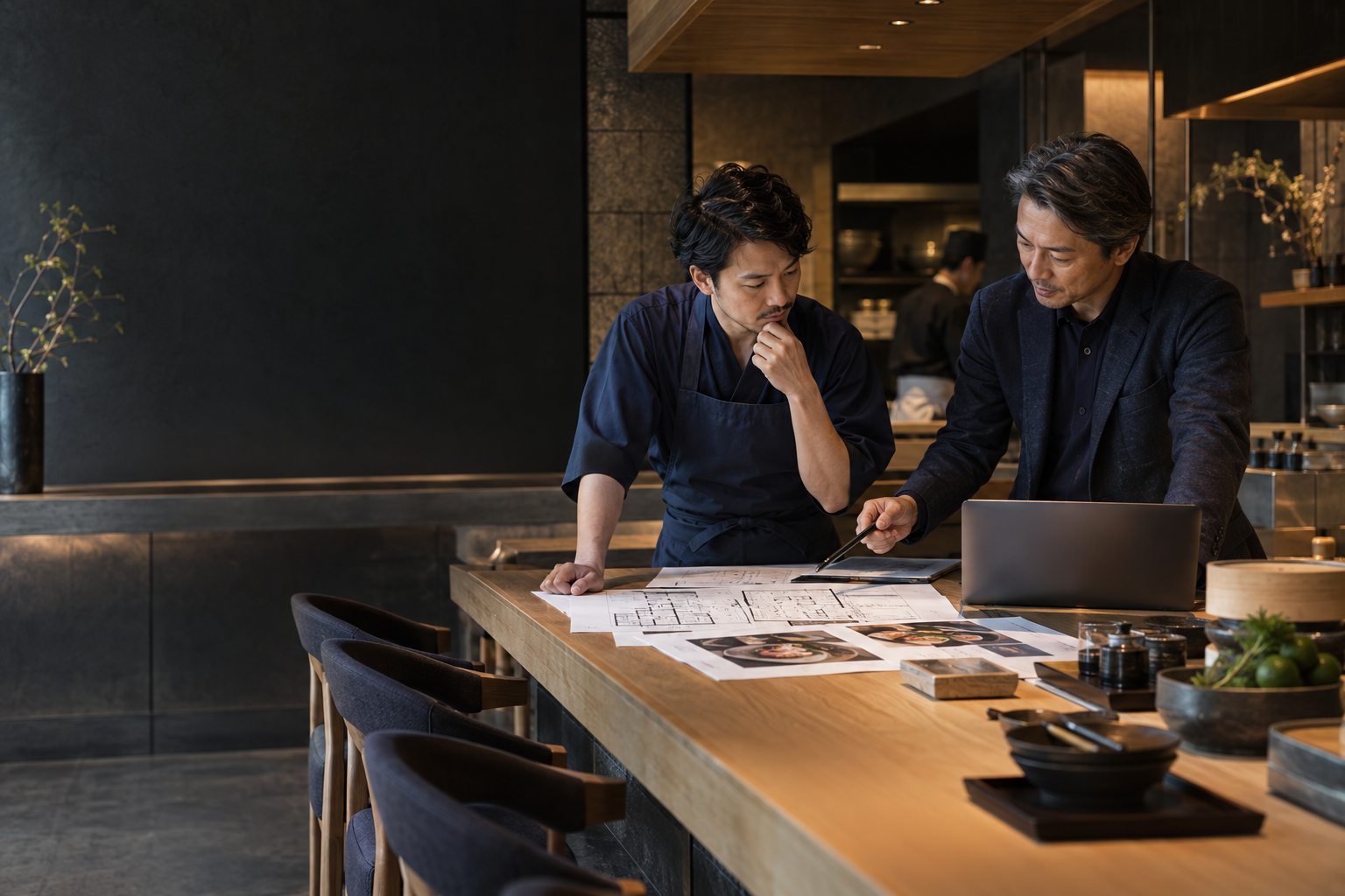 レストランのカウンターで開業計画を確認する様子